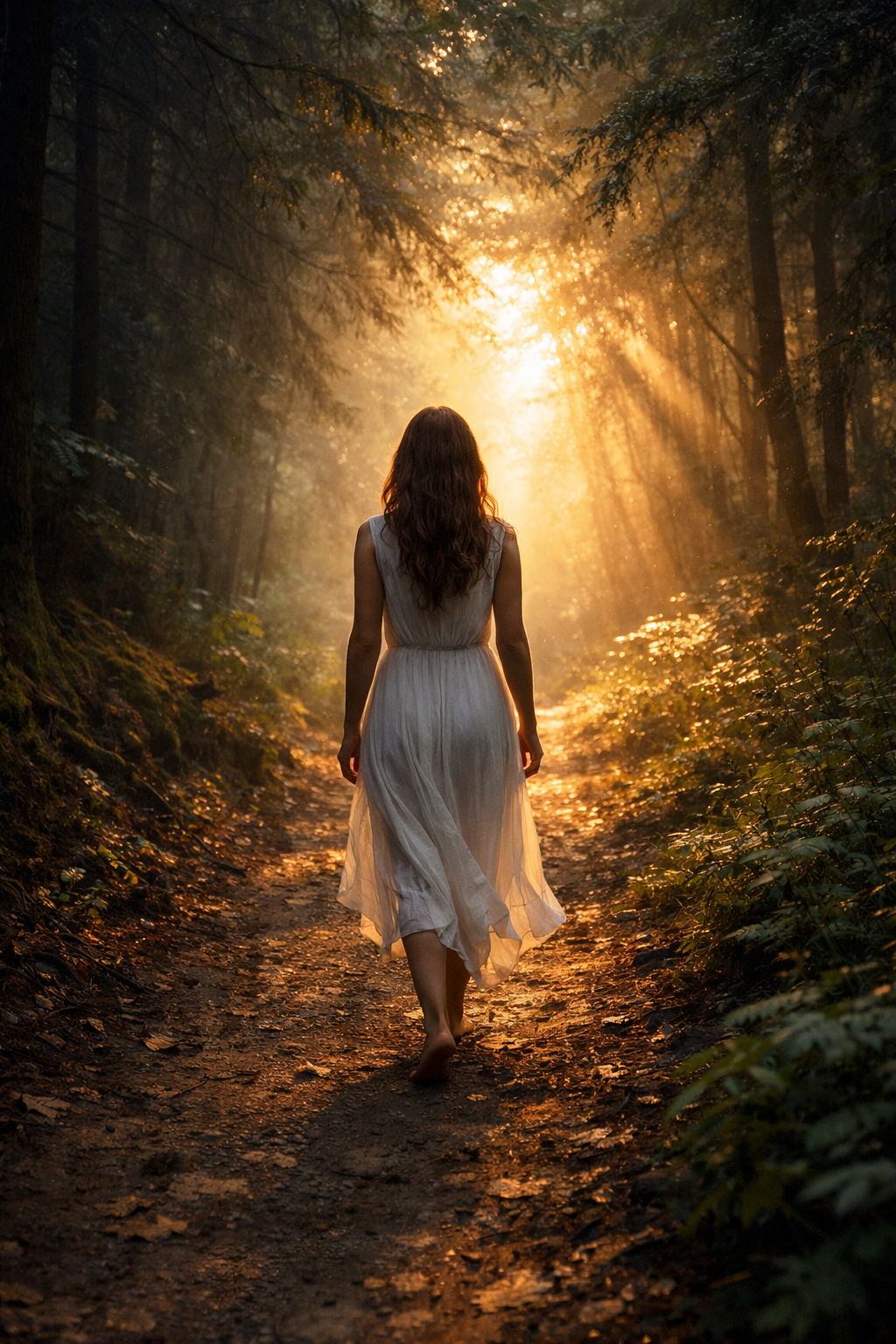 Egy nő sétál az erdőben a fény felé – az önszeretet és belső gyógyulás szimbóluma.